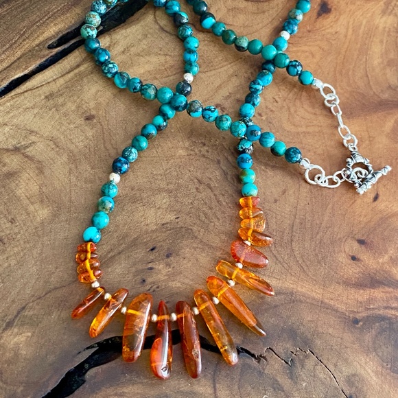 Jewelry - Turquoise Amber Sterling Choker Necklace